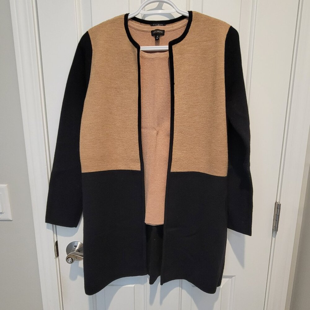 Talbots Colorblock Sweater Jacket, w/ Matching Shell, Black and Tan, Size PM